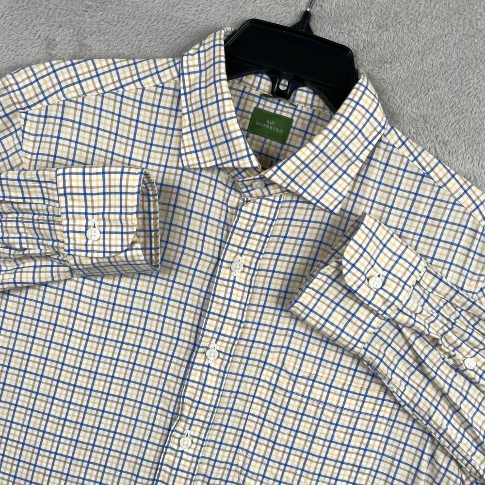 Sid Mashburn Shirt Men Medium Slim Fit Yellow Blue Plaid Long Sleeve Button Down